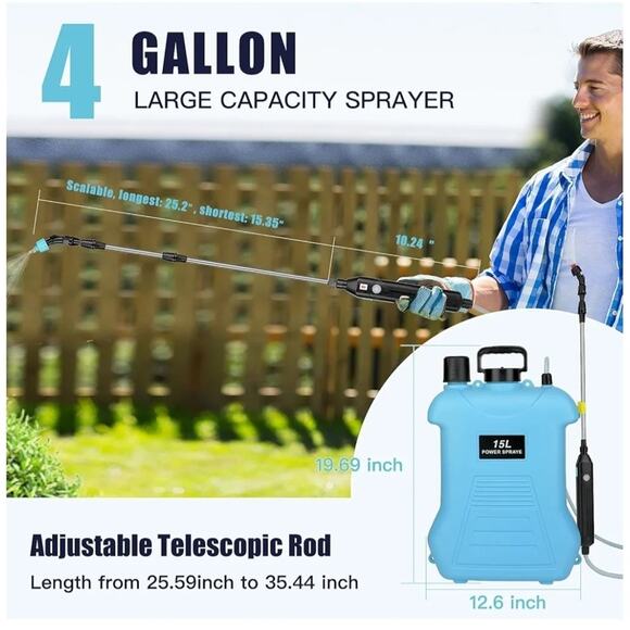 Electric Backpack Garden Sprayer 4 Gallon Battery Pump Lawn Yard Plant Weed - Picture 2 of 7